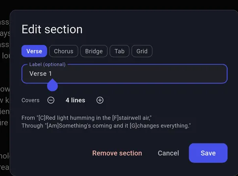 The BandBinder section editor, setting a verse/chorus/bridge type, label, and line range for a chart section